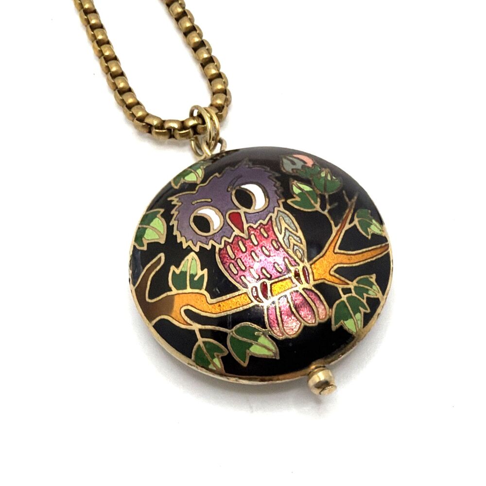 Vintage OWL Cloisonne Enamel Puffy Pendant Necklace Gold Tone Statement 23"